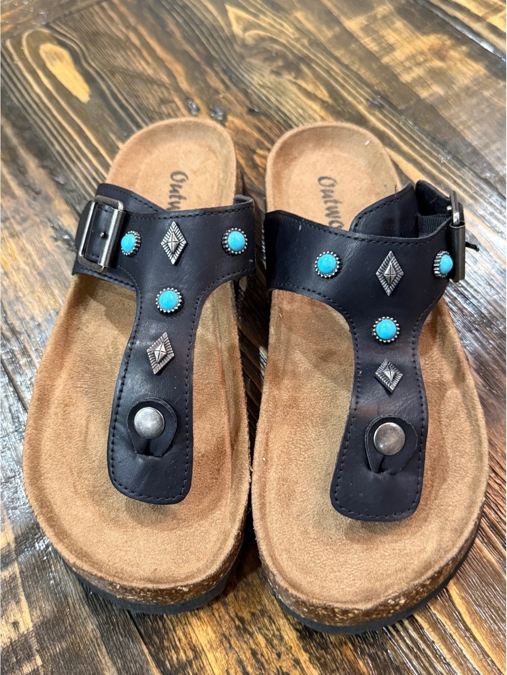 Outwoods Black Bohemian Studded Turquoise Thong Comfort Sandals Size 8